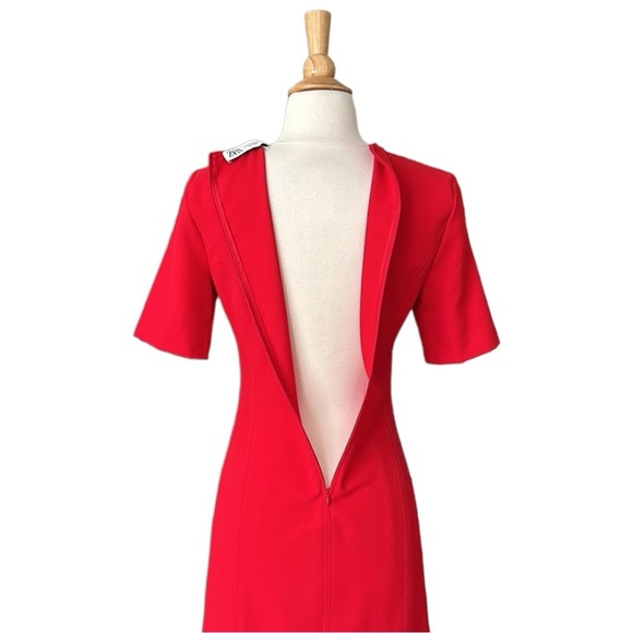 ZARA Red MIDI Dress Column Front Slit Pencil Career Holidays, Size XS - Picture 12 of 16